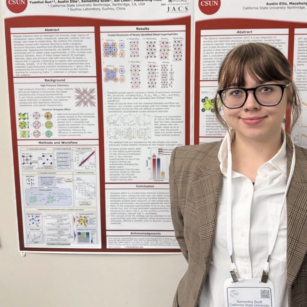 Samantha Ellis standing beside her computational materials research poster