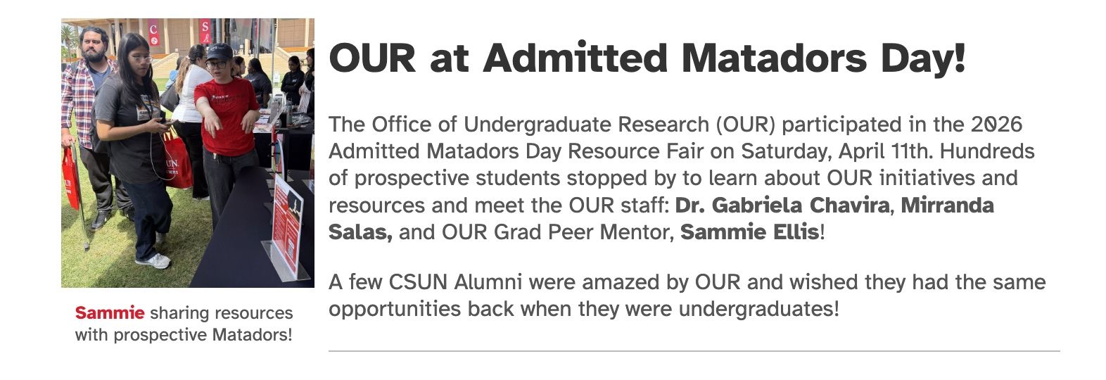 Office of Undergraduate Research newsletter preview featuring Admitted Matadors Day