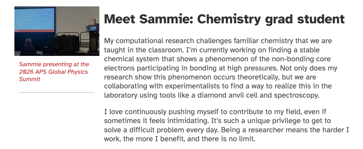 Office of Undergraduate Research newsletter profile titled Meet Sammie: Chemistry grad student