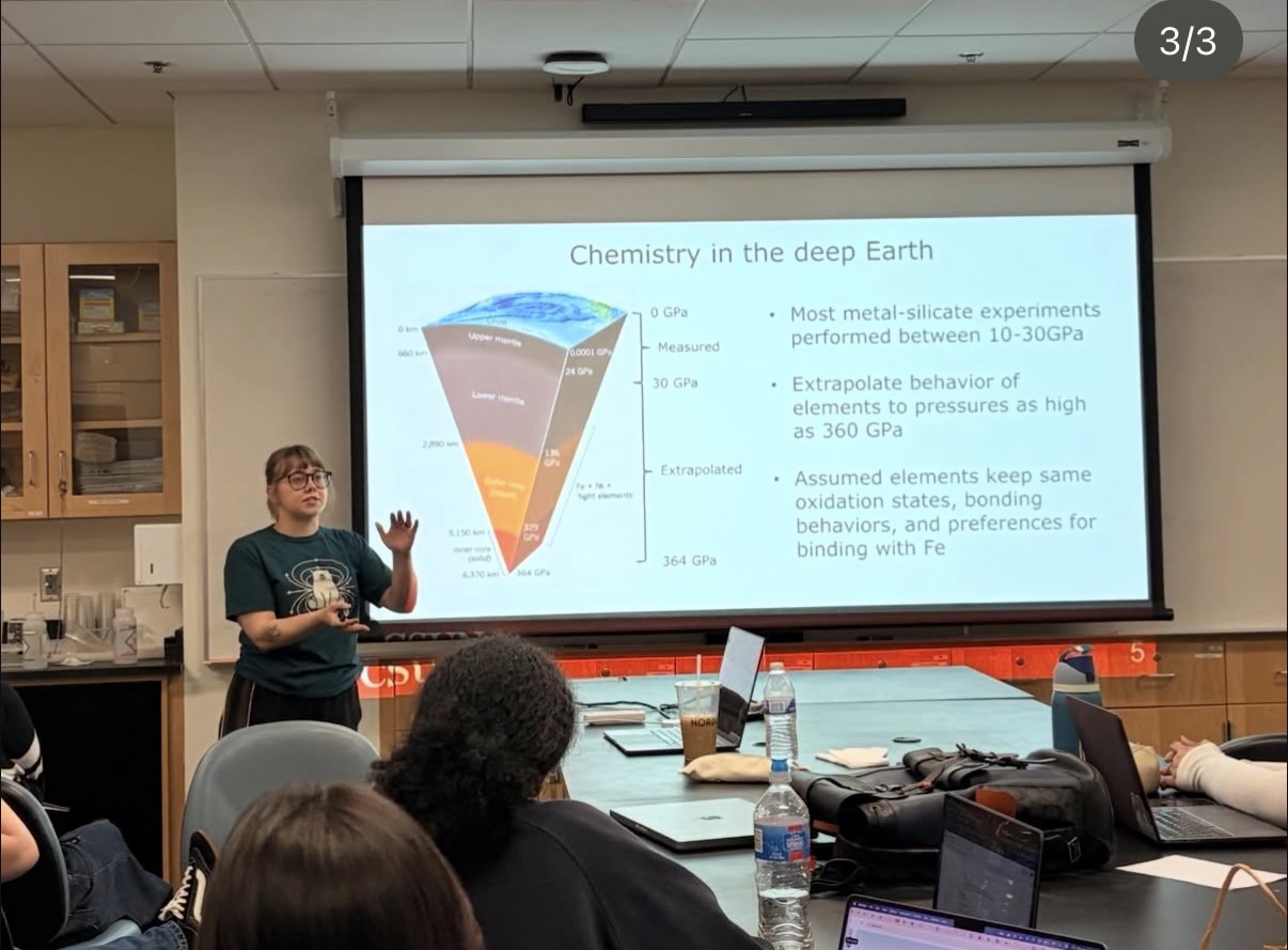 Samantha Ellis presenting deep-Earth chemistry at a CSUN student research showcase